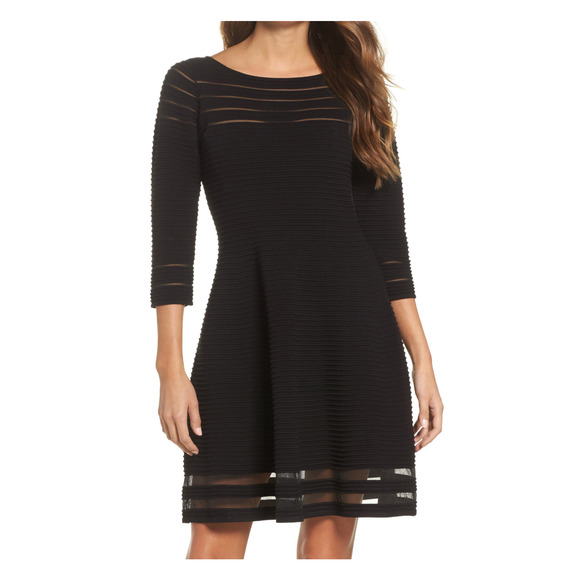 Eliza J Mesh Fit & Flare Dress 3/4 Sleeve Bateau Neck Black XS - Picture 1 of 9